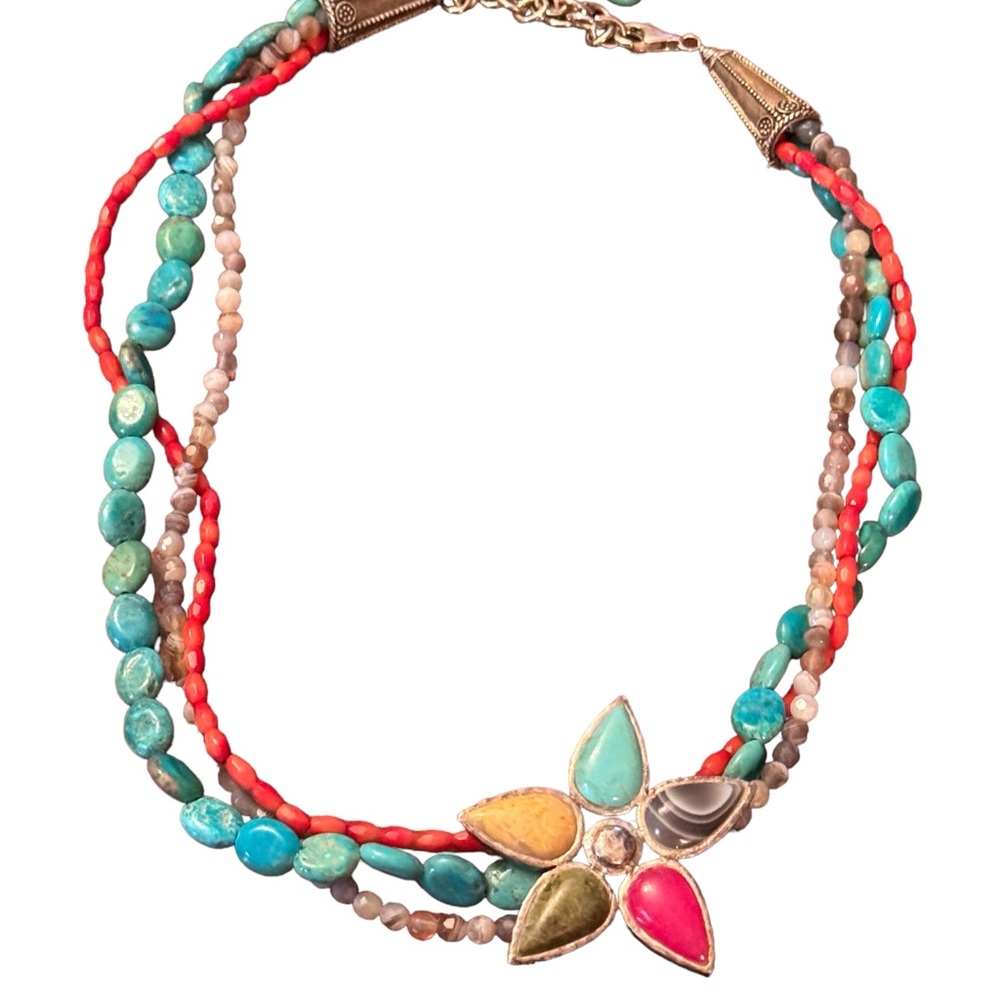 Barse sterling silver 925 multi strand gemstone flower southwestern  necklace - Picture 2 of 8